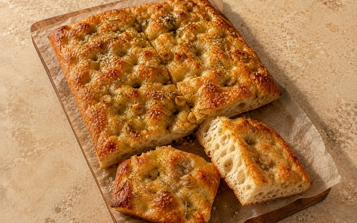 Garlic butter focaccia showing a deeply dimpled golden crust soaked with glossy garlic rosemary butter and flaky salt, on marble surface