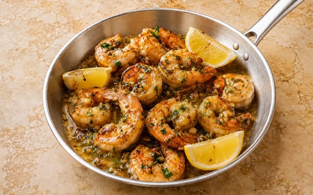 Garlic butter shrimp skillet showing plump seared shrimp coated in a glossy garlic butter sauce with parsley and lemon, on marble surface