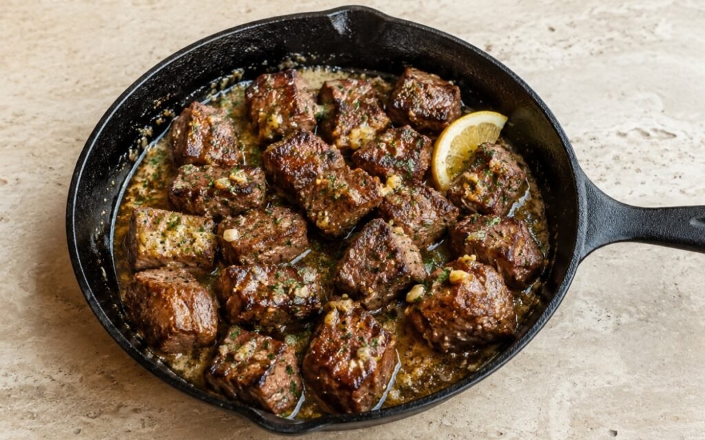 Garlic butter steak bites showing dark seared steak cubes tossed in glossy garlic butter with parsley, in a cast iron skillet, on marble surface