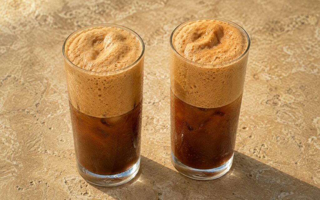 Greek frappé in a tall glass showing dark coffee beneath a thick, dense pale caramel foam cap with a straw, on marble surface