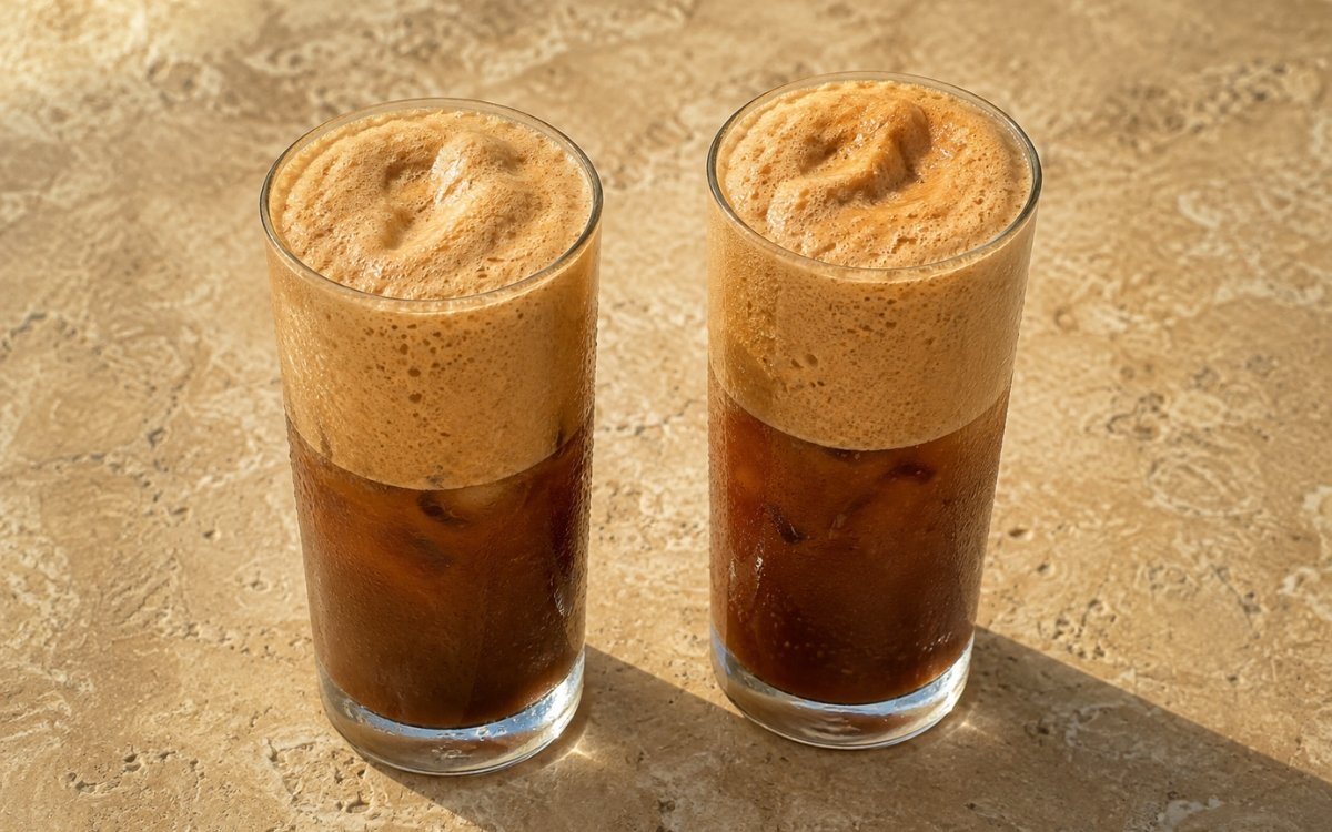 Greek frappé in a tall glass showing dark coffee beneath a thick, dense pale caramel foam cap with a straw, on marble surface