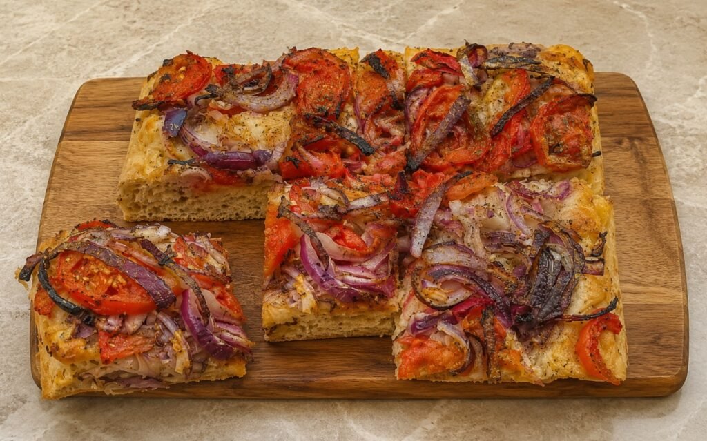 Golden Greek ladenia flatbread showing crisp edges topped with roasted tomato slices, feathered red onion, and oregano, sliced into rectangles on marble surface