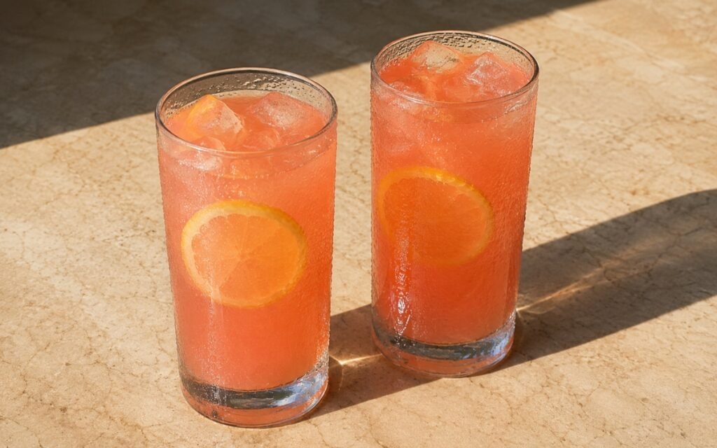 glasses of smooth pink-orange guava lemonade with lemon wheels floating in ice, on marble surface