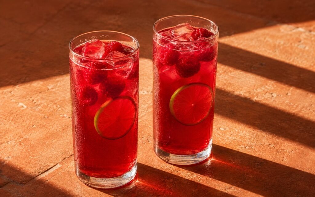 glasses of vivid ruby-red hibiscus raspberry ginger cooler with lime wheels and floating raspberries, on marble surface