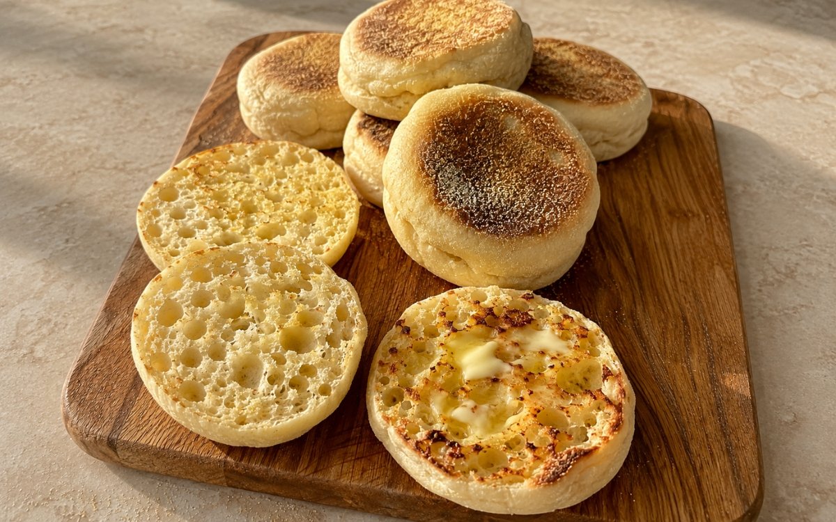 Homemade English muffins showing golden cornmeal-dusted exteriors and fork-split interiors full of nooks and crannies, with melting butter, on marble surface