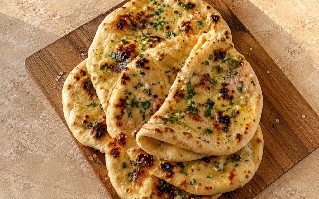 Homemade garlic butter naan showing puffed, blistered bread brushed glossy with garlic butter and scattered with cilantro, on marble surface