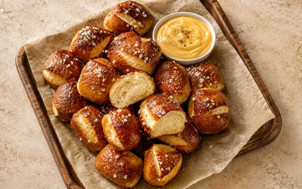 Homemade pretzel bites showing deep golden glossy crusts and coarse salt, served with warm cheese dip, on marble surface