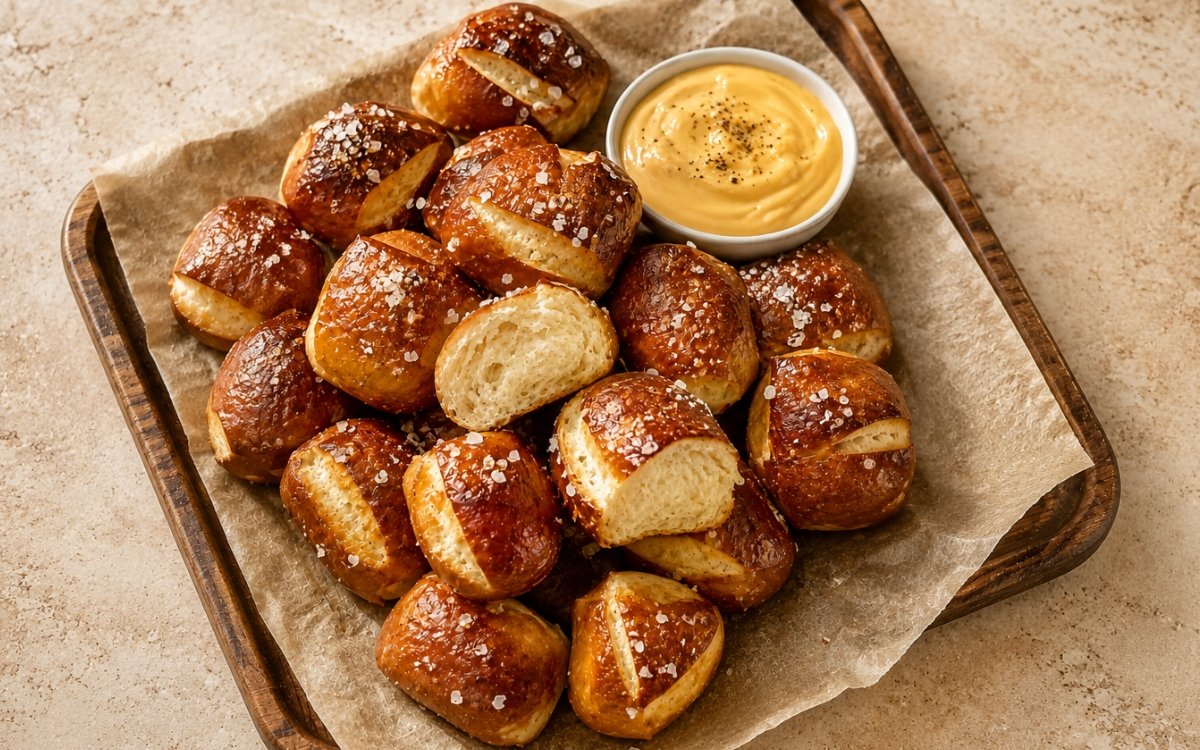Homemade pretzel bites showing deep golden glossy crusts and coarse salt, served with warm cheese dip, on marble surface