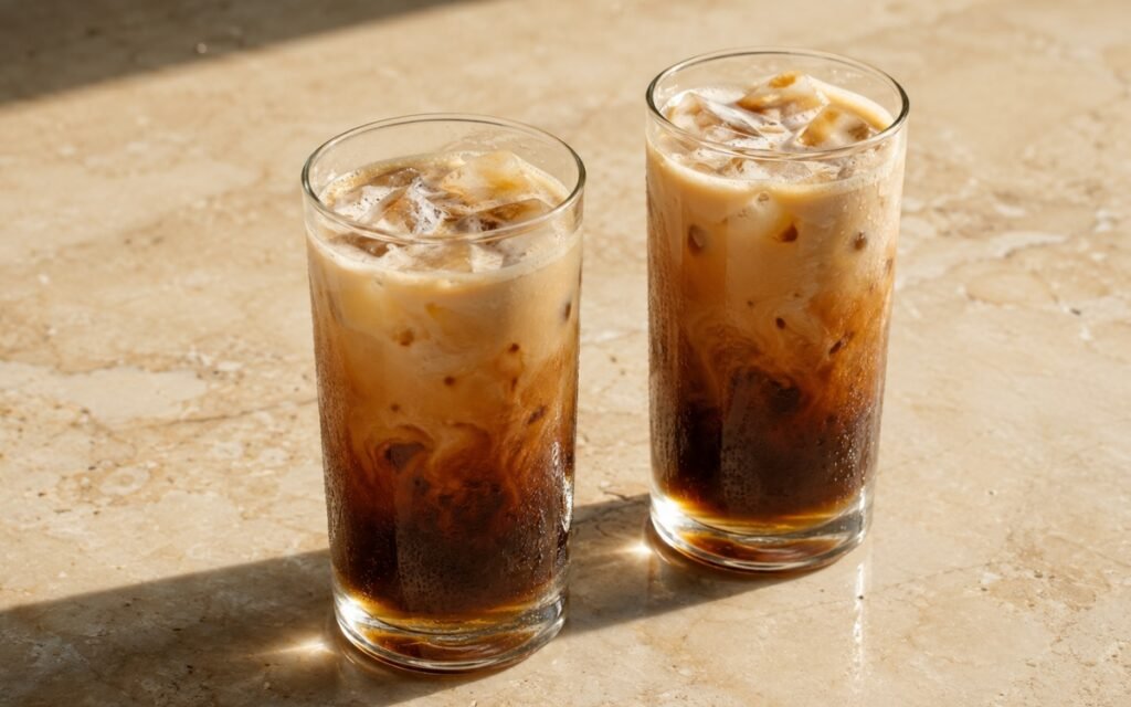 Honey almondmilk cold brew in a tall glass showing dark cold brew coffee with soft pale almond milk swirls moving through it over ice, on marble surface