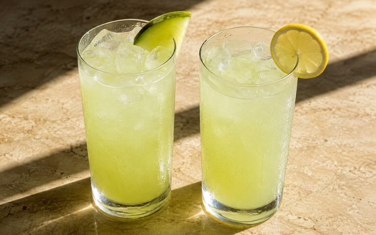 glasses of pale soft green honeydew lemonade with honeydew wedges and lemon wheels, on marble surface