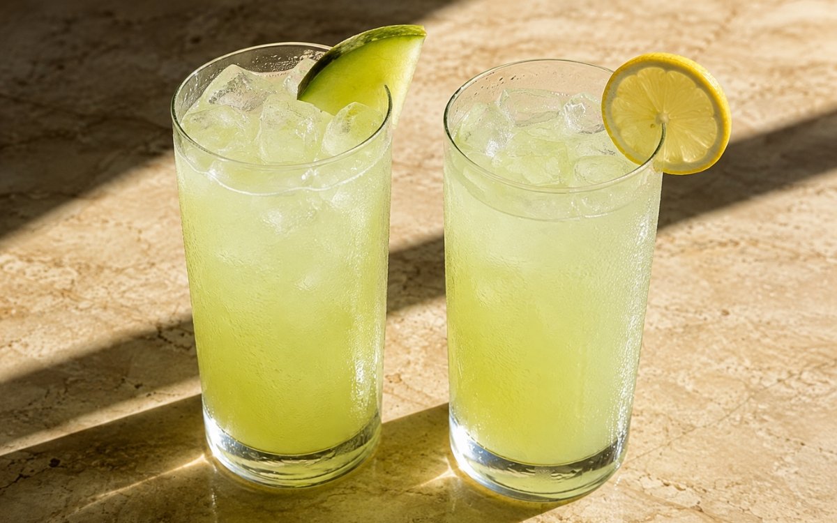 glasses of pale soft green honeydew lemonade with honeydew wedges and lemon wheels, on marble surface