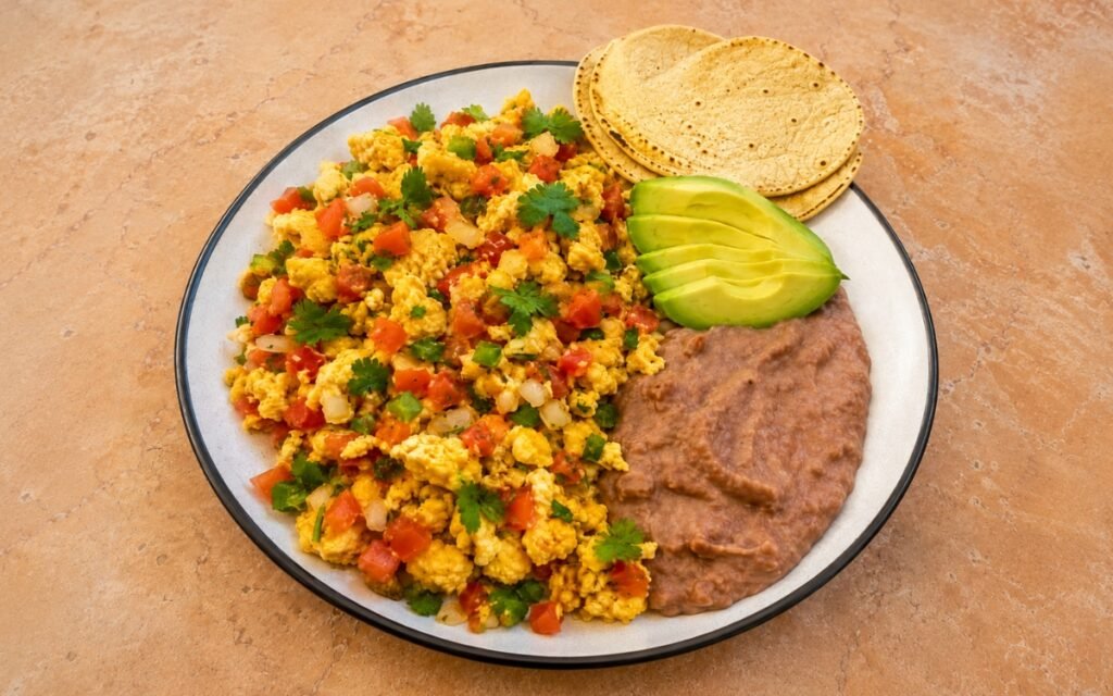 Plate of huevos a la Mexicana showing soft scrambled eggs with diced tomato, onion, and jalapeño, served with refried beans, sliced avocado, and warm tortillas, on marble surface