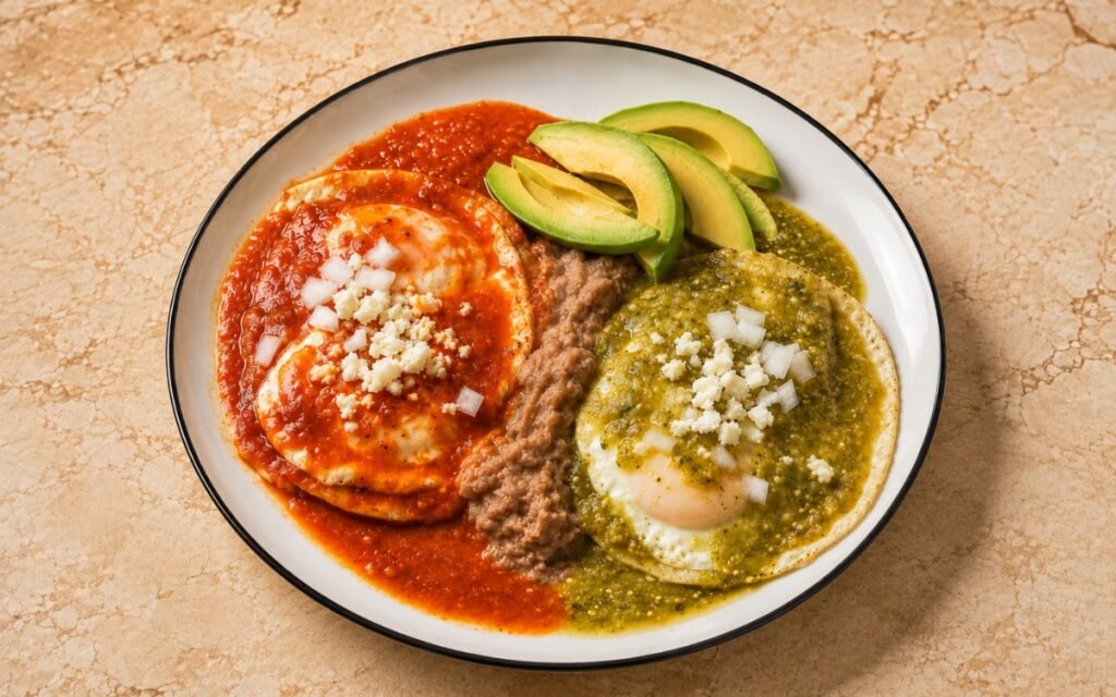 Plate of huevos divorciados showing two fried eggs on tortillas, one topped with vivid red salsa roja and the other with vivid green salsa verde, separated by refried beans, on marble surface