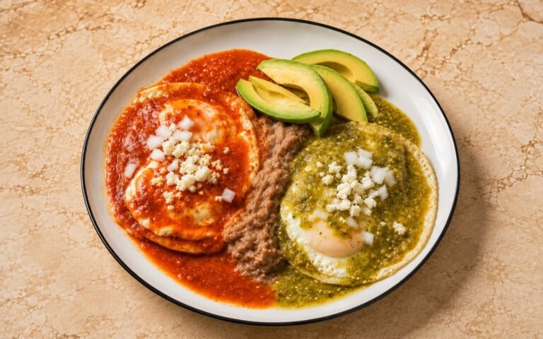 Plate of huevos divorciados showing two fried eggs on tortillas, one topped with vivid red salsa roja and the other with vivid green salsa verde, separated by refried beans, on marble surface