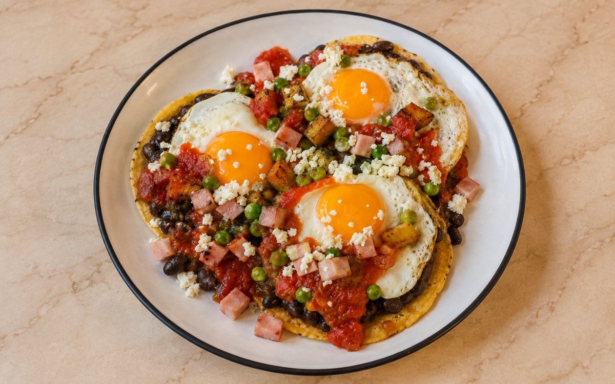 Plate of huevos motuleños showing crisp tortillas layered with black beans, fried eggs, tomato sauce with ham and peas, fried plantain, and crumbled queso fresco, on marble surface