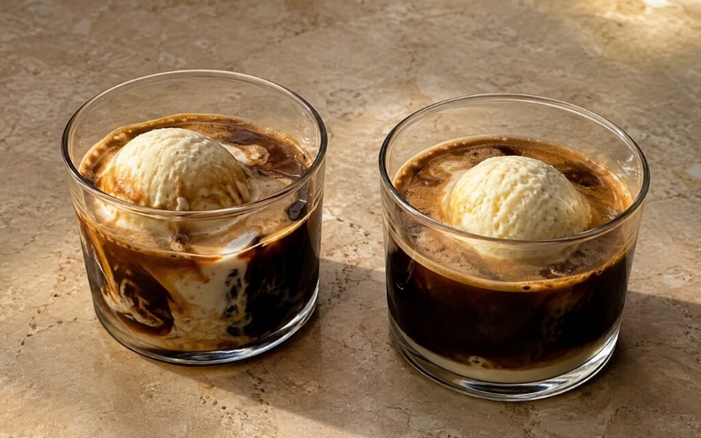 Iced affogato in a glass showing vanilla gelato scoops with hot espresso poured over the top, edges softening into a creamy coffee sauce, on marble surface
