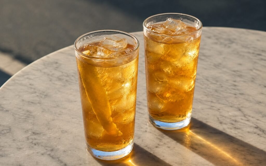 Iced Americano with lemon in a tall glass showing pale amber espresso over ice with a lemon peel twist resting on the rim, on marble surface