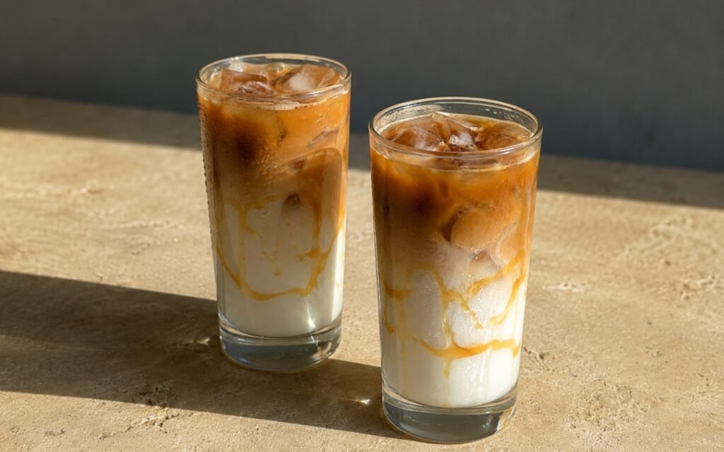 Iced caramel macchiato in a tall glass showing caramel drizzled inside the glass, pale vanilla milk base, and dark espresso swirling through the top layer, on marble surface