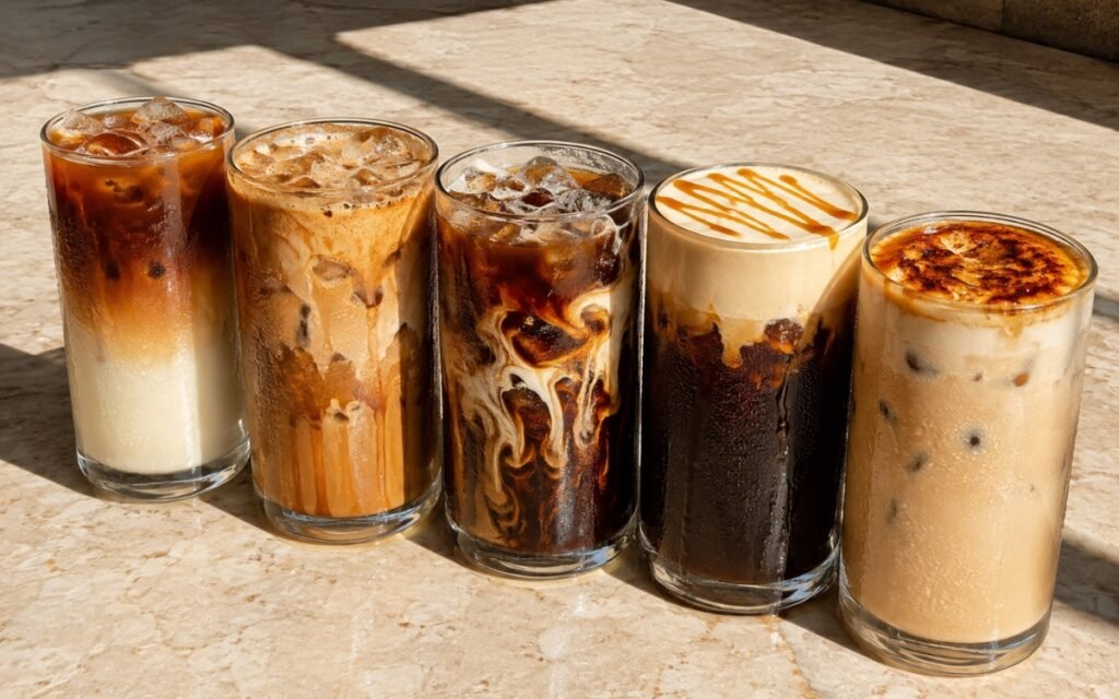 Iced coffee recipes collection hero with five tall glasses of layered classic iced latte, brown sugar shaken espresso, Vietnamese iced coffee with condensed milk swirls, salted caramel cold foam cold brew and torched crème brûlée iced latte with coffee beans and caramel on a warm beige marble surface in summer sunlight