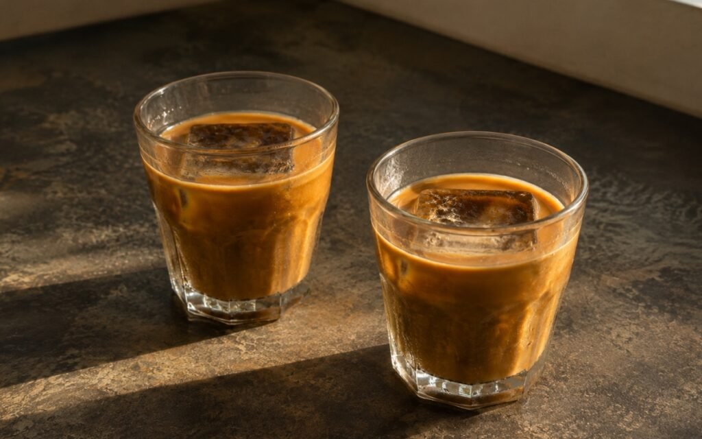 Iced cortado in a glass showing deep caramel-brown espresso and milk over a single large ice cube, on marble surface