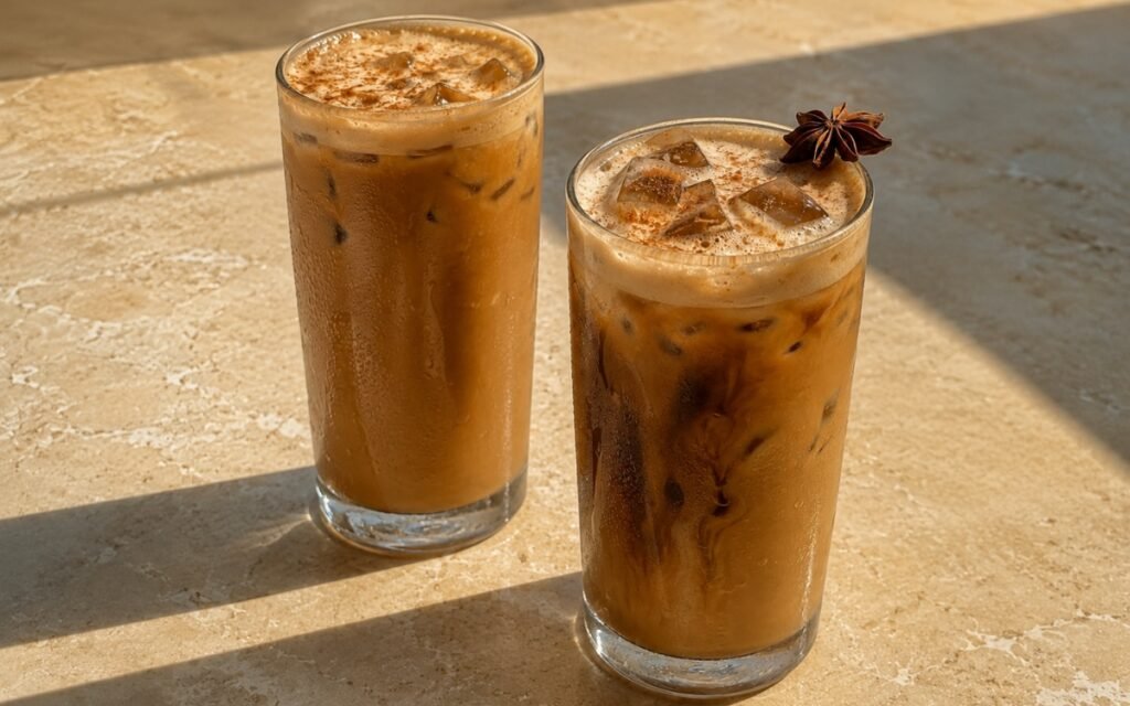 Iced dirty chai latte in a tall glass showing deep amber-brown chai with a dark espresso swirl, topped with thin spiced foam, cinnamon dusting, and a star anise garnish, on marble surface