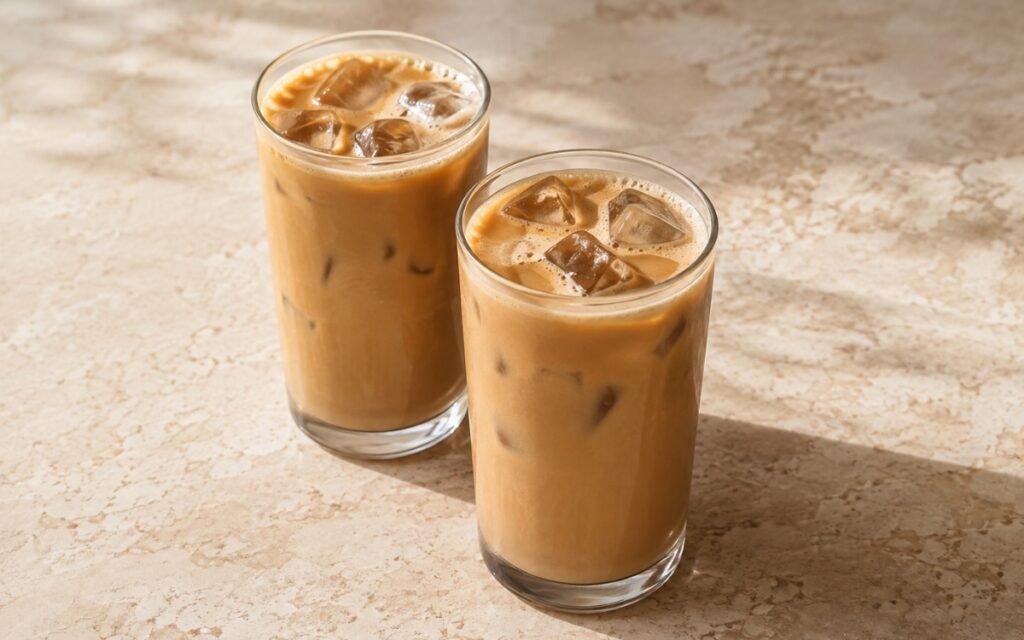 Iced flat white in a glass showing rich caramel-coloured coffee and milk over ice with a thin pale microfoam sheen on the surface, on marble surface
