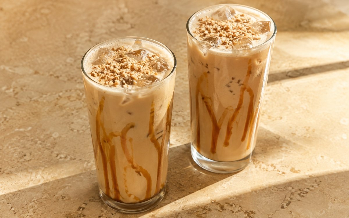 Iced hazelnut latte in a tall glass showing pale caramel-cream milk with espresso swirled through, a thin foam top, light caramel drizzle, and a whole hazelnut garnish, on marble surface