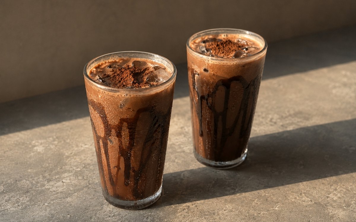 Iced mocha in a tall glass showing deep chocolate-coffee colour, chocolate sauce swirled inside the glass, and a thin dark foam dusted with cocoa on top, on marble surface