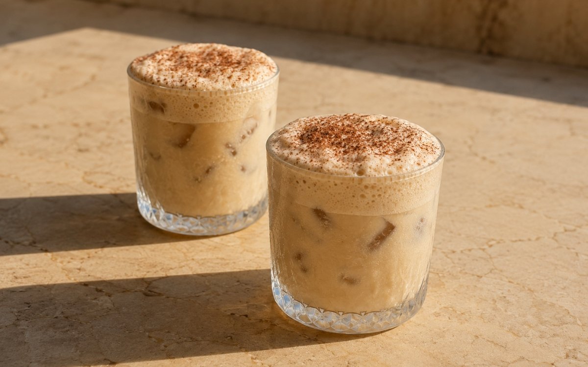 Iced oat milk cappuccino in a glass showing pale caramel-beige coffee base, visible ice, and a thick cream-coloured oat milk foam cap dusted with cocoa, on marble surface