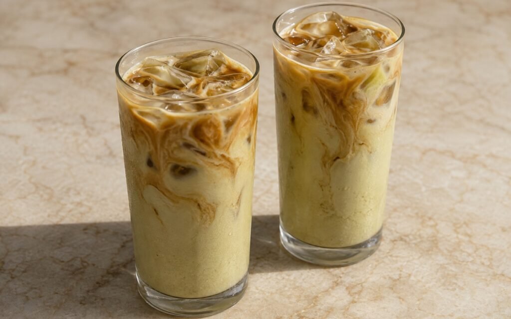 Iced pistachio latte in a tall glass showing pale caramel-beige milk with a subtle pistachio tone and espresso swirled through, on marble surface