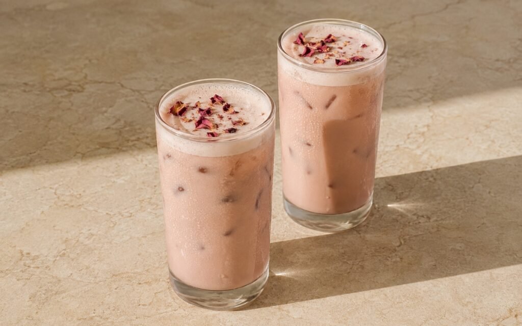 Iced rose latte in a tall glass showing a soft blush-pink coffee base topped with a thin foam layer and a single dried rose petal, on marble surface