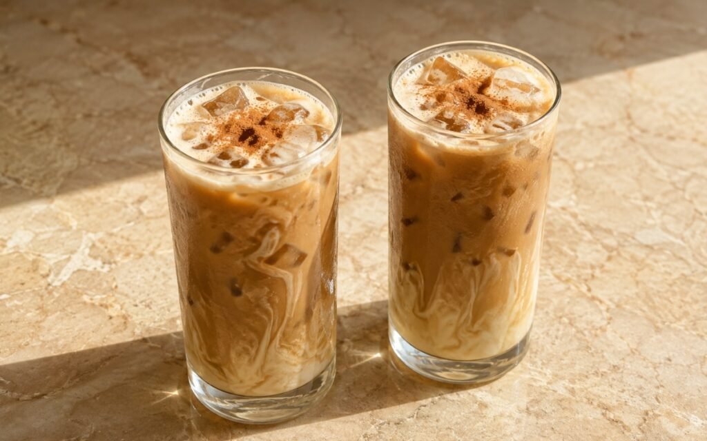 Iced Spanish latte in a tall glass showing a thick white condensed milk base, ice through the middle, and dark espresso layered on top before stirring, on marble surface