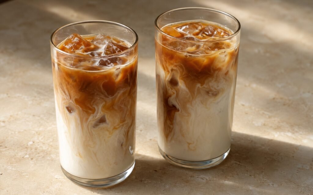 Iced vanilla latte in a tall glass showing dark espresso ribbons swirling through pale vanilla-tinted milk and ice, on marble surface
