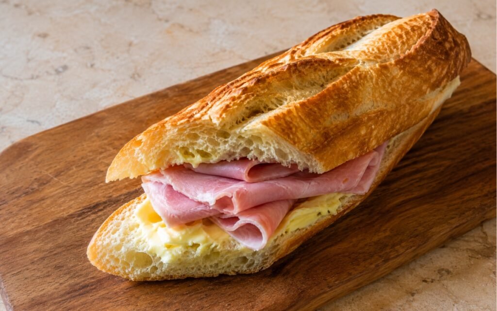 Jambon-beurre sandwich showing crisp baguette with a visible layer of soft butter and loosely folded pale pink French ham on marble surface