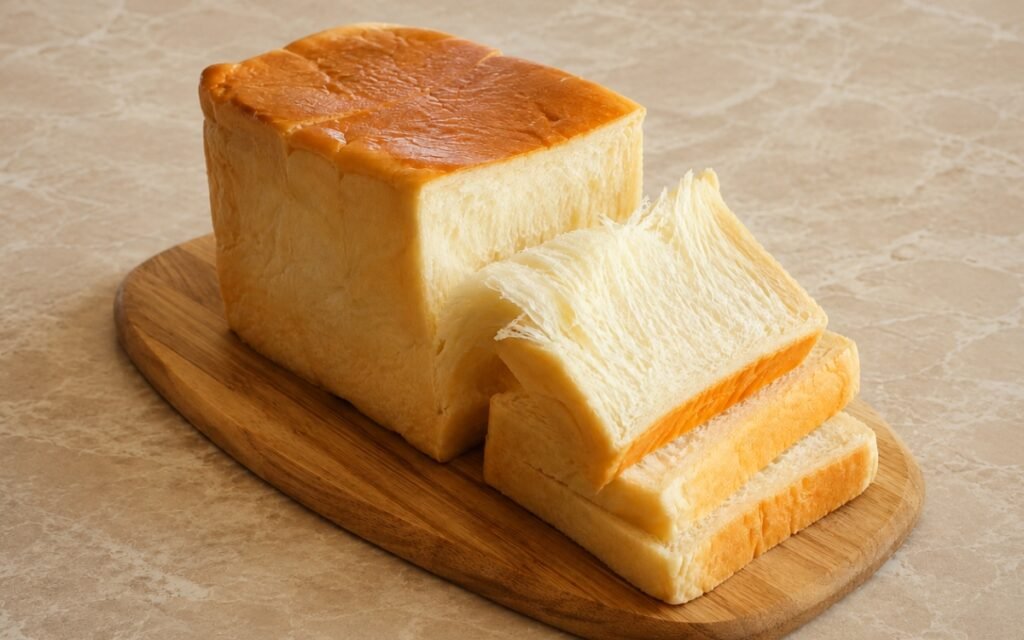 Japanese milk bread showing a glossy golden three-domed shokupan loaf with a soft, feathery pulled-apart interior, on marble surface