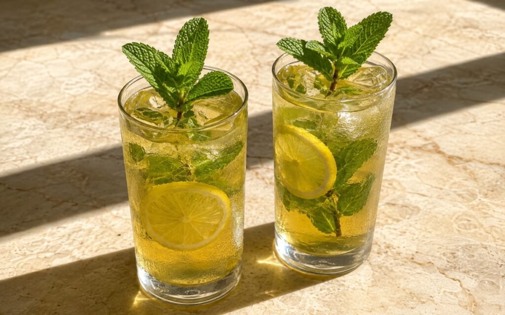 glasses of jasmine mint iced green tea with lemon wheels and generous mint sprigs, on marble surface