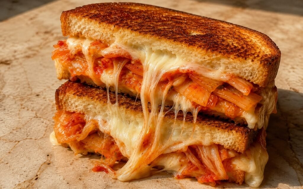 Kimcheese sandwich halves stacked showing melted stretchy mozzarella and vivid red kimchi cross-section on marble surface