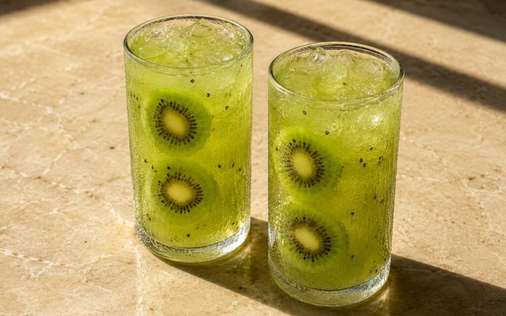 glasses of bright green kiwi lemonade with thin kiwi slices pressed against the glass, on marble surface