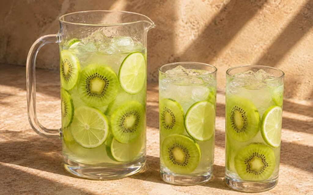 Pitcher of kiwi lime infused water showing thin kiwi slices and lime wedges, served over ice, on marble surface