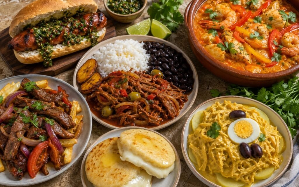 Latin American recipes collection hero with Argentine choripán and chimichurri, Brazilian moqueca fish stew, Cuban ropa vieja with rice and plantains, Peruvian lomo saltado, arepas con queso and Peruvian ají de gallina with limes and fresh herbs on a warm stone and wood surface in natural daylight
