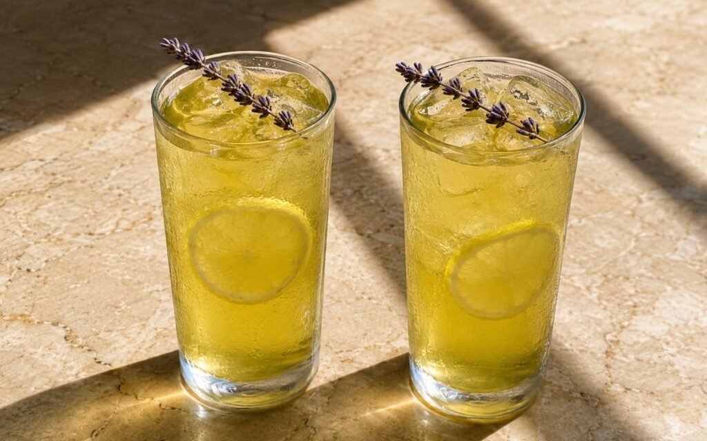 glasses of lavender honey green iced tea with lemon wheels and dried lavender sprigs, on marble surface