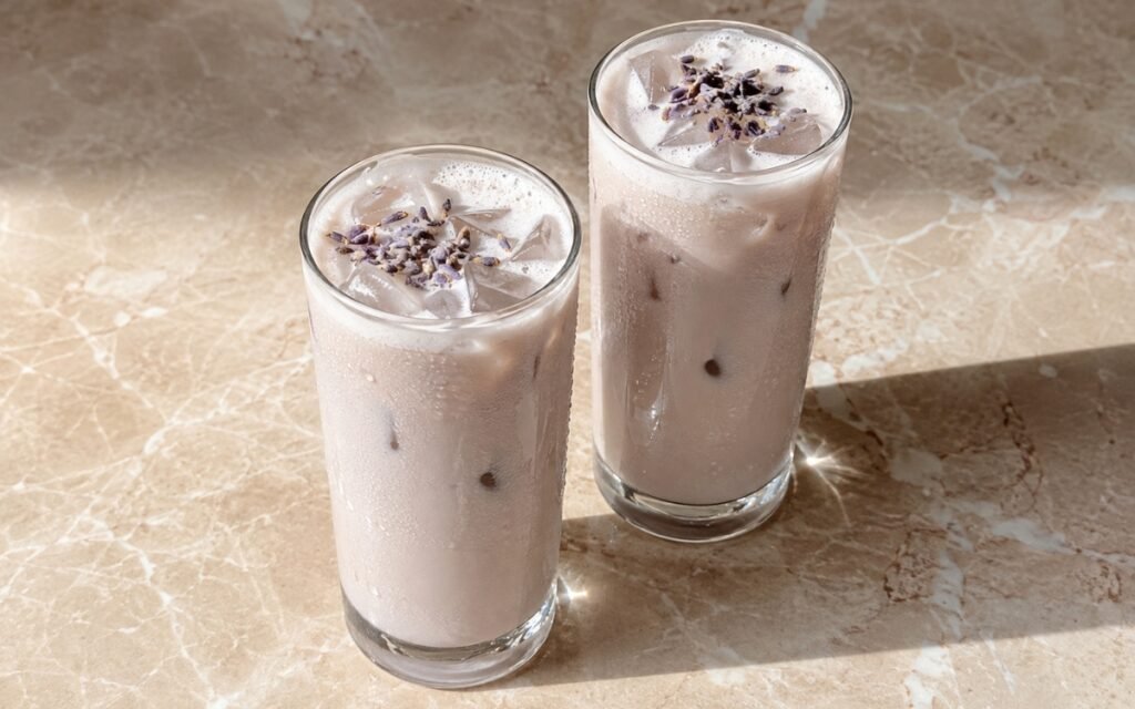 Lavender iced latte in a tall glass showing a very pale beige-lilac coffee base topped with a thin foam layer and a small dried lavender sprig, on marble surface