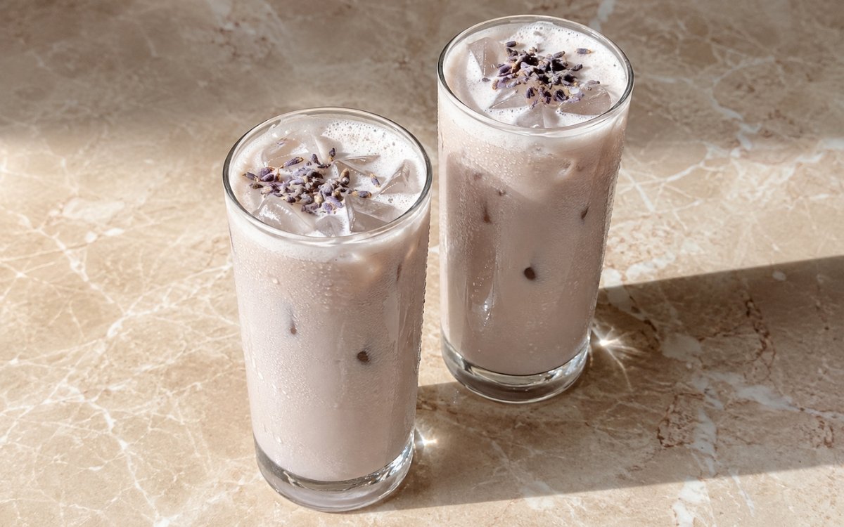 Lavender iced latte in a tall glass showing a very pale beige-lilac coffee base topped with a thin foam layer and a small dried lavender sprig, on marble surface