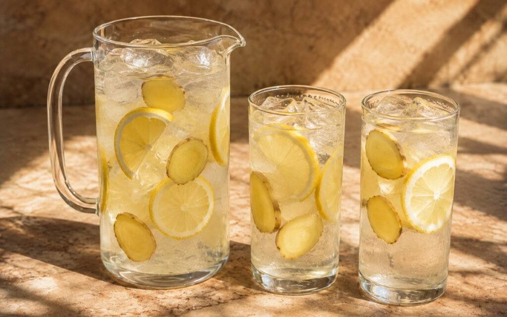 Pitcher of lemon ginger infused water showing thin lemon slices and ginger coins, served over ice, on marble surface