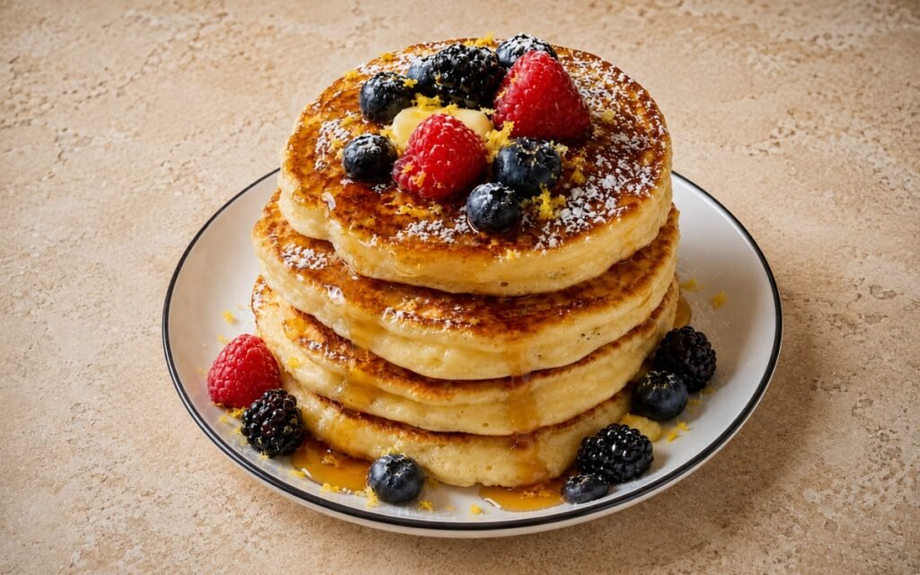 Stack of lemon ricotta pancakes topped with fresh berries, powdered sugar, and melting butter, on marble surface