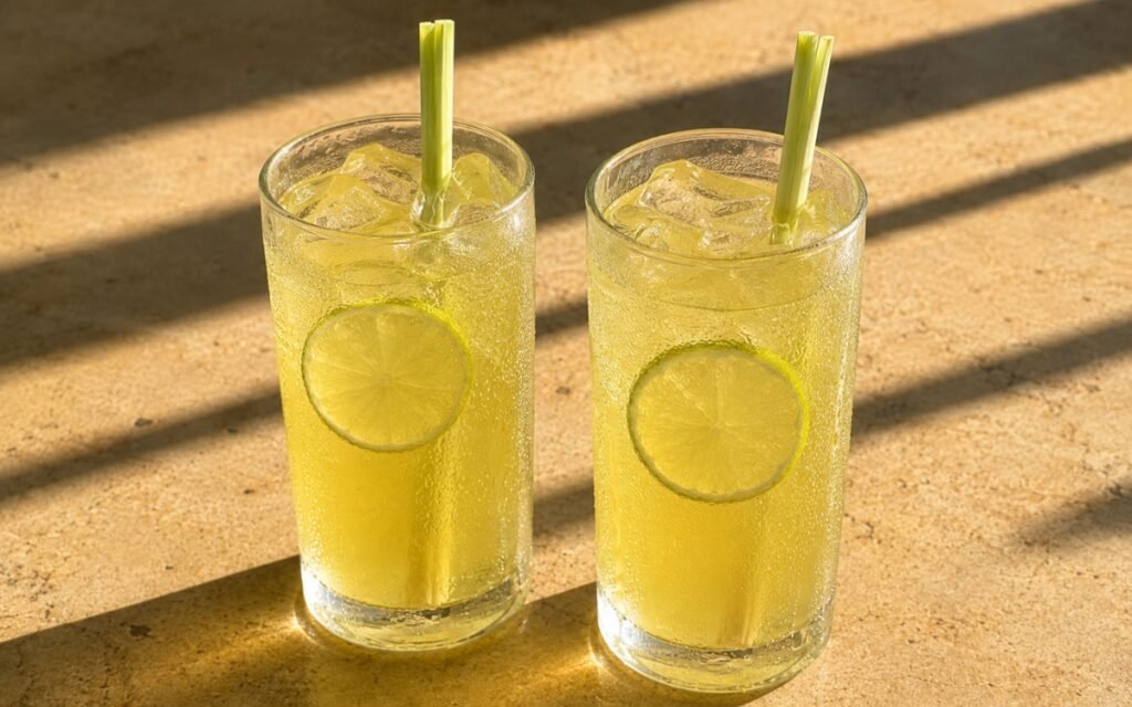 glasses of lemongrass lime green tea cooler with lime wheels and standing lemongrass stalks, on marble surface