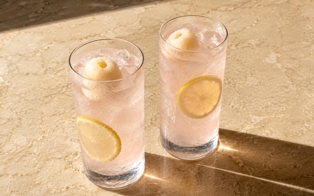 glasses of pale, delicate lychee lemonade with a floating whole lychee and lemon wheels, on marble surface