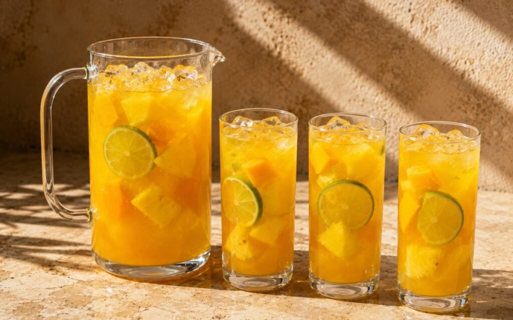 Pitcher of vivid tropical mango pineapple pitcher drink showing mango, pineapple, and lime wheels, served over ice, on marble surface
