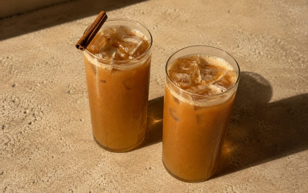 Maple cinnamon iced latte in a tall glass showing warm amber-caramel milk with espresso swirled through, topped with thin foam, a light maple drizzle, and a cinnamon stick, on marble surface