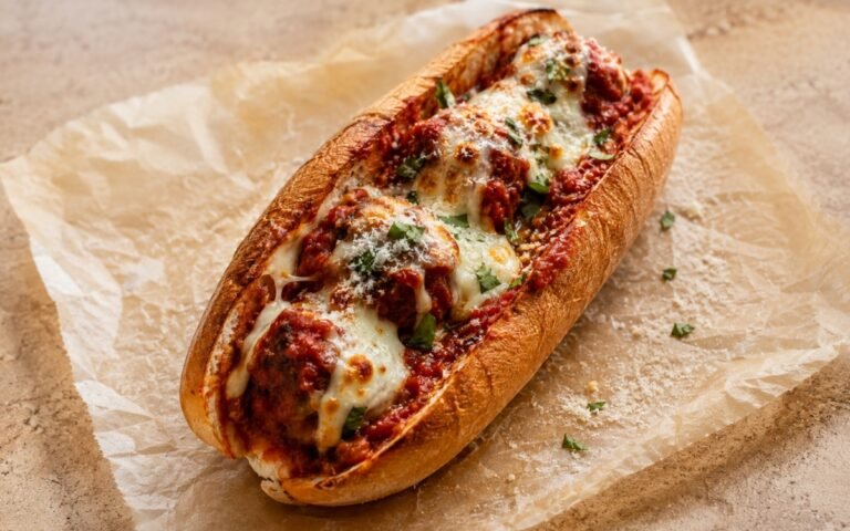 Meatball sub sandwich showing juicy beef meatballs in thick marinara with melted bubbly cheese in a toasted long French roll, on marble surface